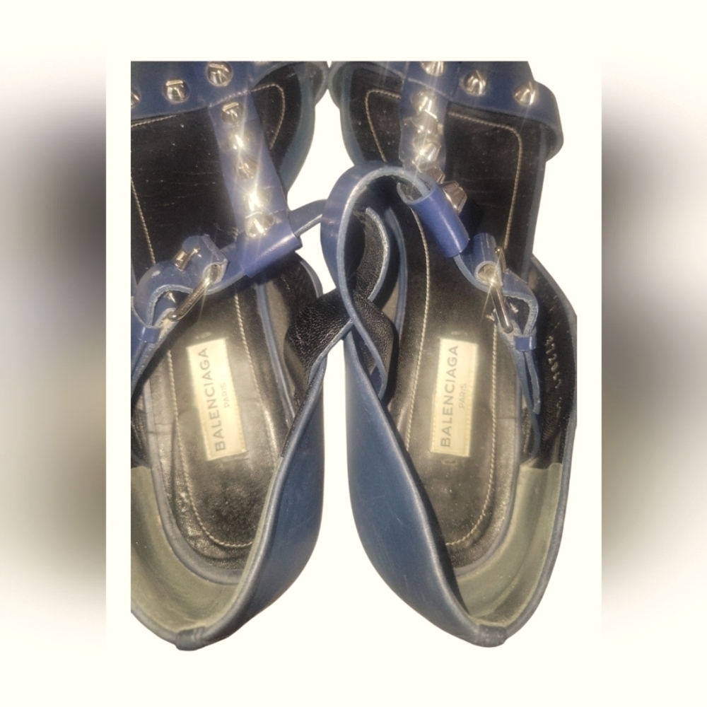 Balenciaga Paris Women's Silver Studs Navy T-strap Buckle Fastener Sandals Sz 38 - Picture 9 of 10